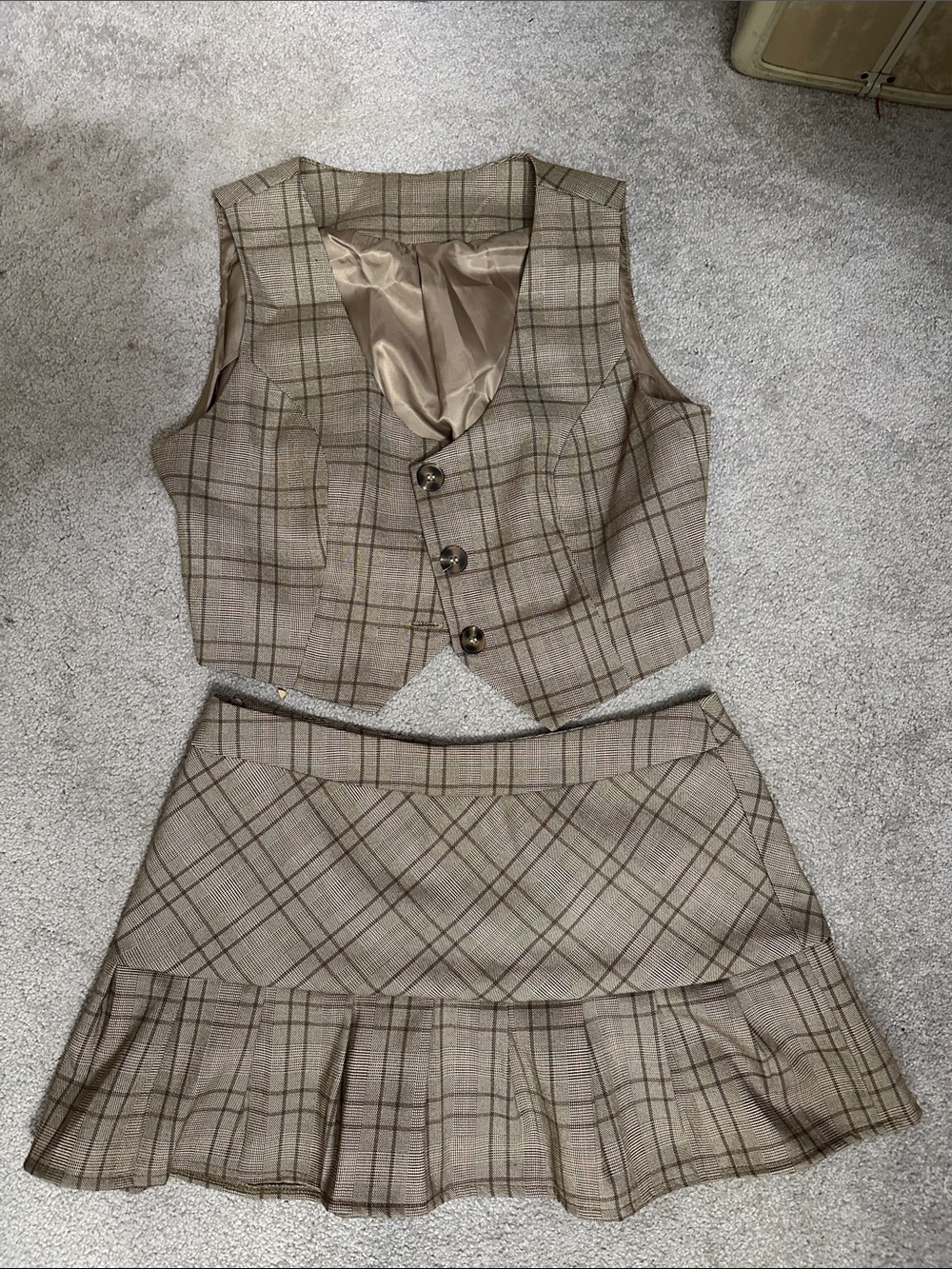 Plaid Two-Piece Vest and Skirt Set - Taupe Plaid